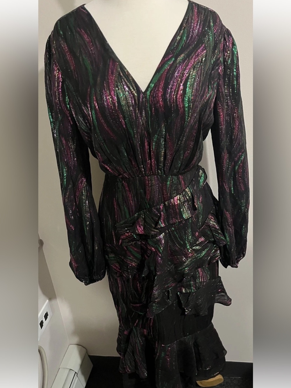 $695 Saloni Alya Black Rainbow Jacquard Metallic Ruffle Midi Dress US 8 UK 12
